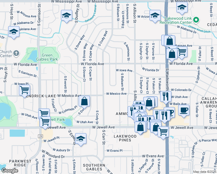 map of restaurants, bars, coffee shops, grocery stores, and more near 1659 South Brentwood Street in Lakewood