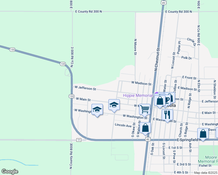 map of restaurants, bars, coffee shops, grocery stores, and more near 300-452 West Jefferson Street in Arcola