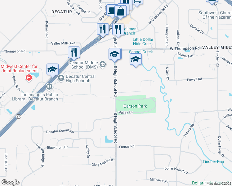 map of restaurants, bars, coffee shops, grocery stores, and more near 6701 Powell Drive in Indianapolis