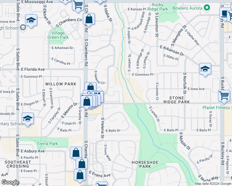 map of restaurants, bars, coffee shops, grocery stores, and more near 1652 South Idalia Circle in Aurora