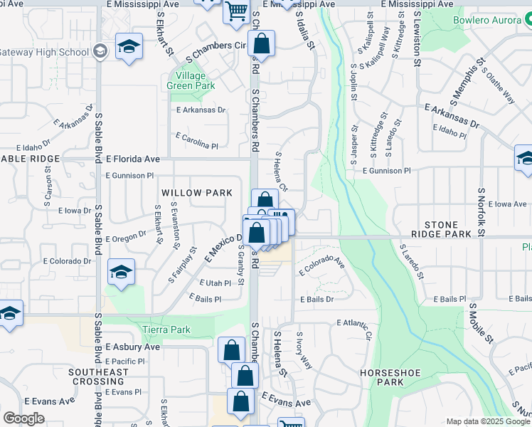 map of restaurants, bars, coffee shops, grocery stores, and more near 1674 South Chambers Road in Aurora