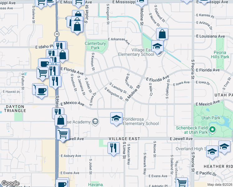map of restaurants, bars, coffee shops, grocery stores, and more near 1661 South Lansing Street in Aurora