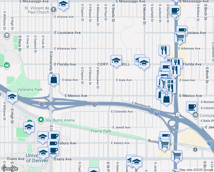 map of restaurants, bars, coffee shops, grocery stores, and more near 1625 South Steele Street in Denver