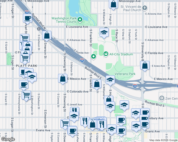 map of restaurants, bars, coffee shops, grocery stores, and more near 1615 South Franklin Street in Denver