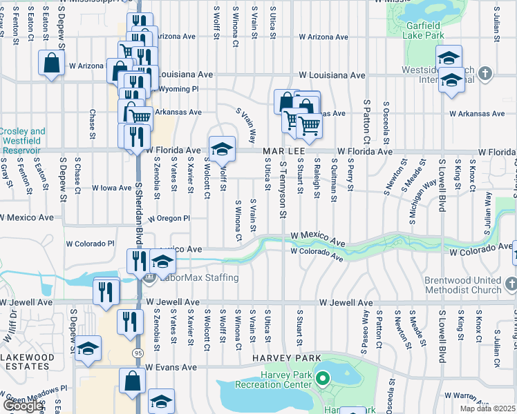 map of restaurants, bars, coffee shops, grocery stores, and more near 1643 South Vrain Street in Denver