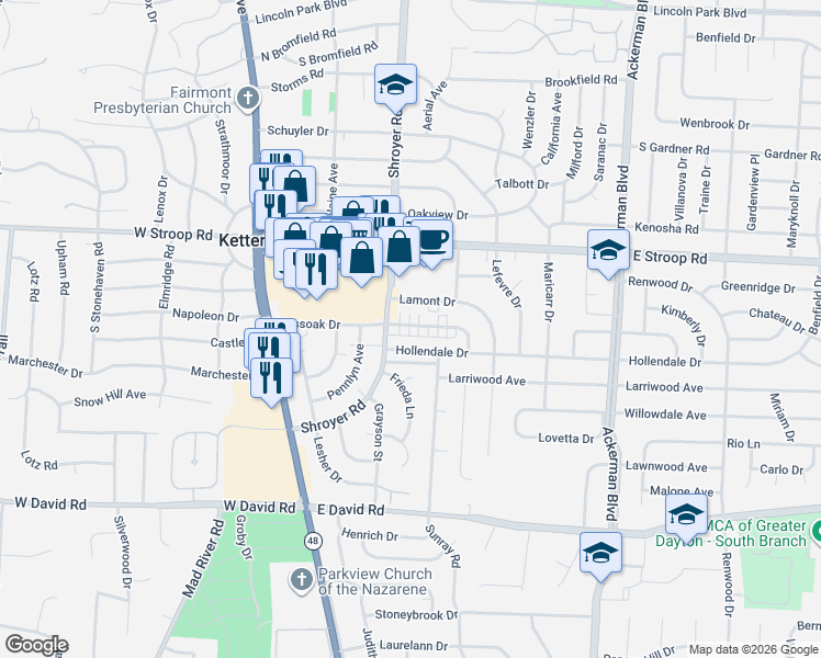 map of restaurants, bars, coffee shops, grocery stores, and more near 523 Mossoak Drive in Dayton