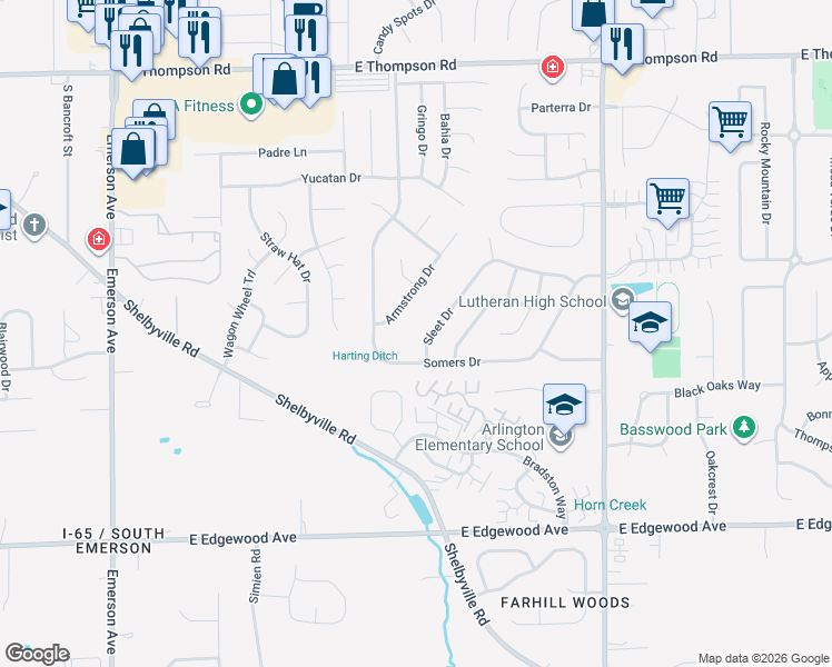 map of restaurants, bars, coffee shops, grocery stores, and more near 5527 Armstrong Drive in Indianapolis