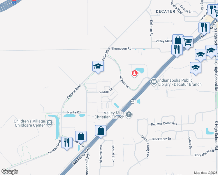 map of restaurants, bars, coffee shops, grocery stores, and more near 5300 Mendenhall Road in Indianapolis