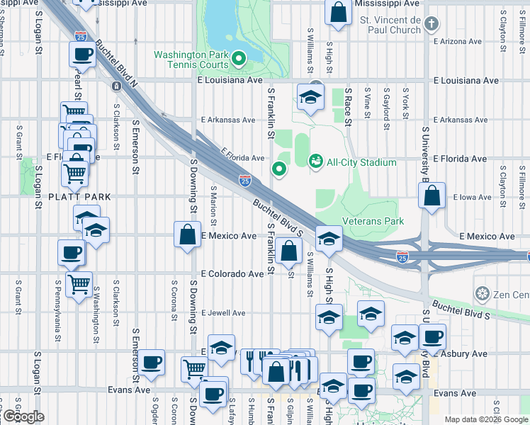 map of restaurants, bars, coffee shops, grocery stores, and more near 1615 South Franklin Street in Denver