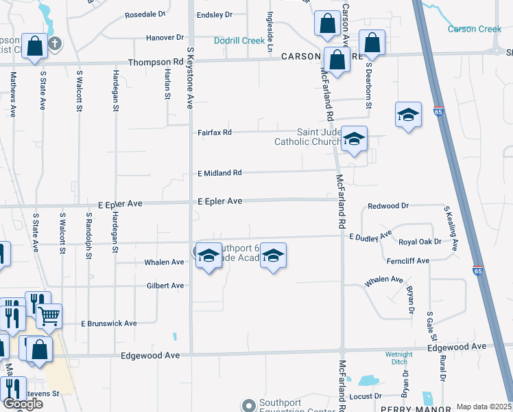 map of restaurants, bars, coffee shops, grocery stores, and more near 2601 East Epler Avenue in Indianapolis