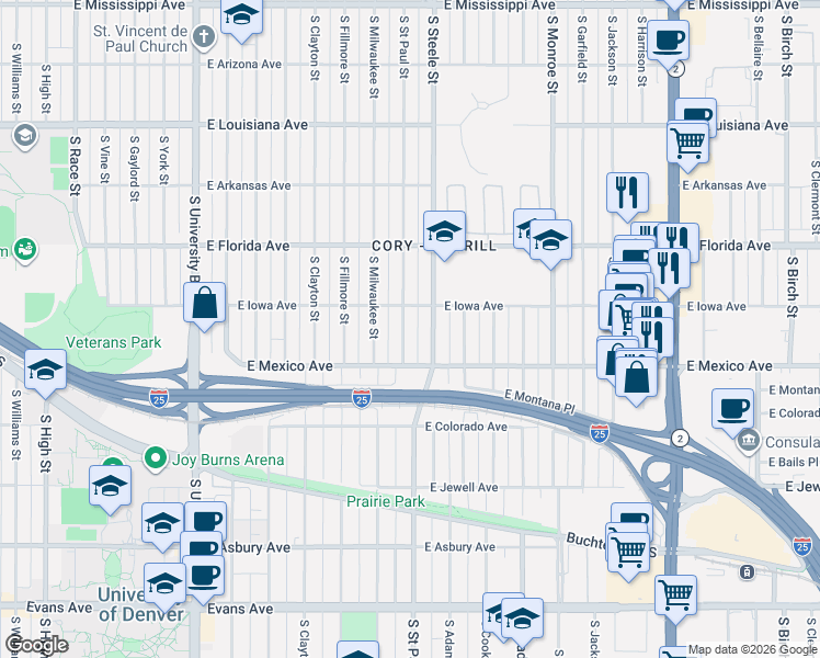 map of restaurants, bars, coffee shops, grocery stores, and more near 1625 South Steele Street in Denver
