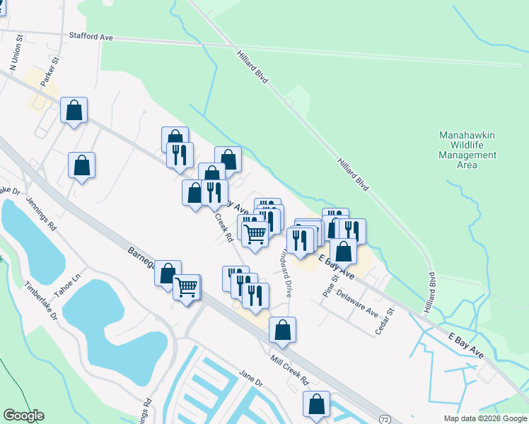 map of restaurants, bars, coffee shops, grocery stores, and more near 568 East Bay Avenue in Stafford Township