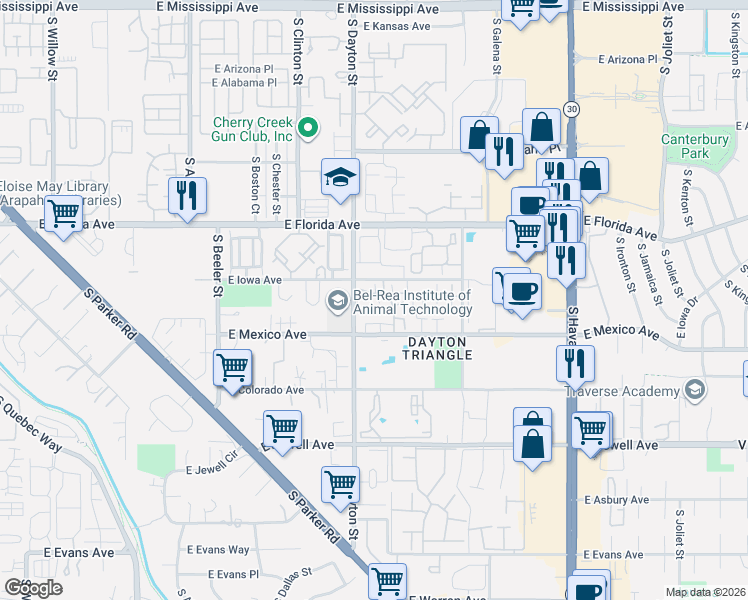 map of restaurants, bars, coffee shops, grocery stores, and more near 9742 East Hawaii Place in Denver