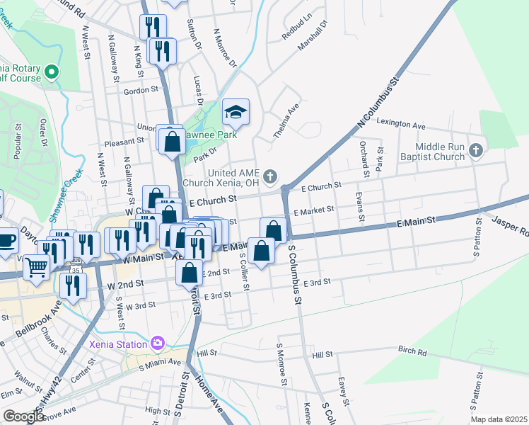 map of restaurants, bars, coffee shops, grocery stores, and more near 270 East Market Street in Xenia