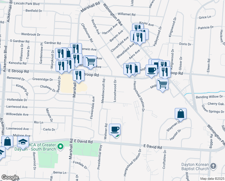 map of restaurants, bars, coffee shops, grocery stores, and more near 4049 Locustwood Drive in Dayton