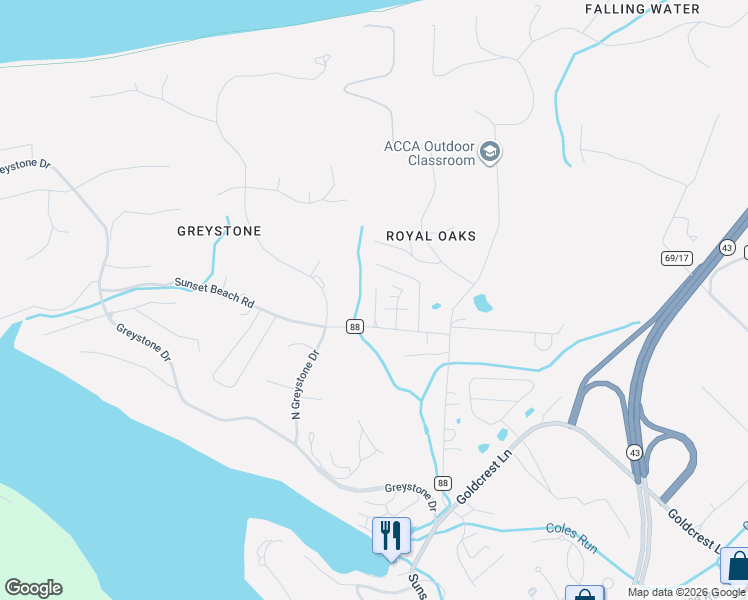 map of restaurants, bars, coffee shops, grocery stores, and more near 490 Sunset Beach Road in Morgantown