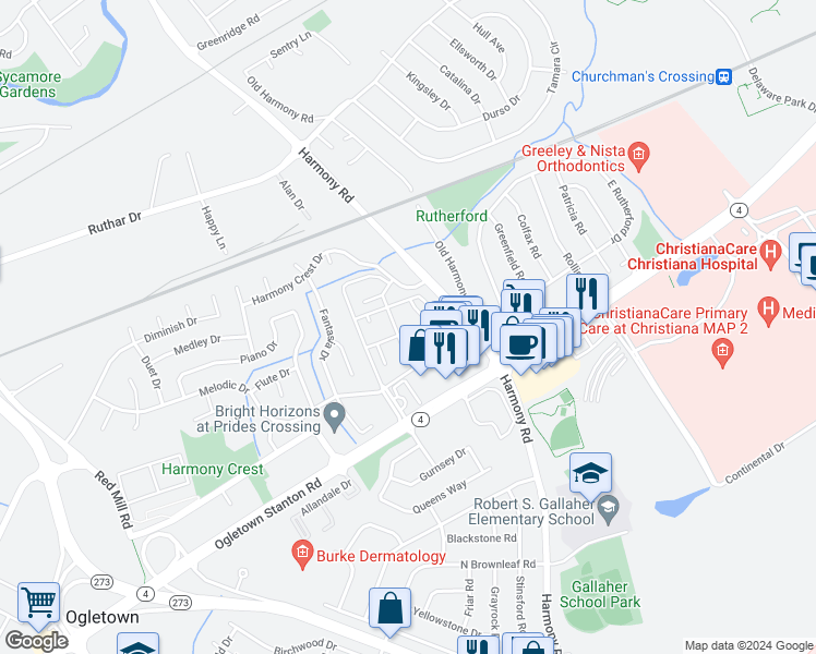 map of restaurants, bars, coffee shops, grocery stores, and more near 21 Cheswold Boulevard in Newark