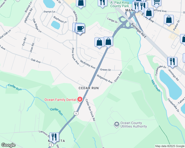 map of restaurants, bars, coffee shops, grocery stores, and more near 386 South Main Street in Stafford Township