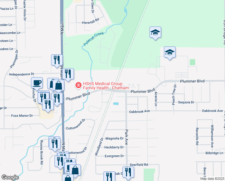 map of restaurants, bars, coffee shops, grocery stores, and more near Plummer Boulevard in Chatham