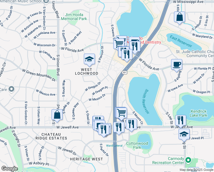 map of restaurants, bars, coffee shops, grocery stores, and more near 10981 West Oregon Place in Lakewood
