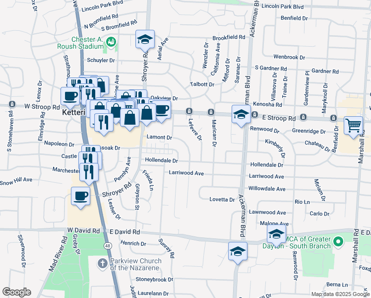 map of restaurants, bars, coffee shops, grocery stores, and more near 630 Lamont Drive in Dayton