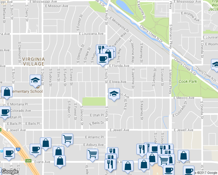 map of restaurants, bars, coffee shops, grocery stores, and more near 1640 South Holly Street in Denver