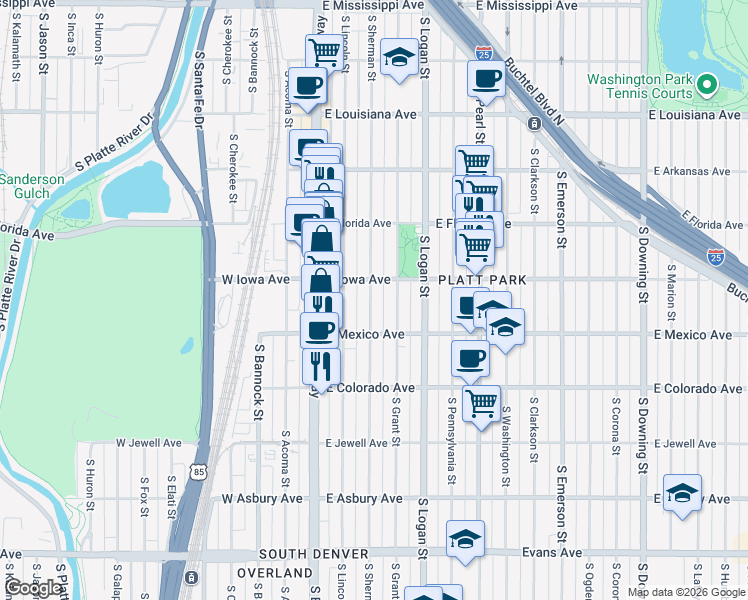 map of restaurants, bars, coffee shops, grocery stores, and more near 1626 South Sherman Street in Denver