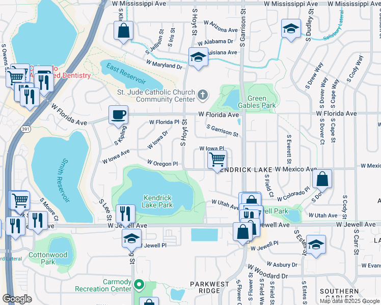 map of restaurants, bars, coffee shops, grocery stores, and more near 1637 South Holland Court in Lakewood