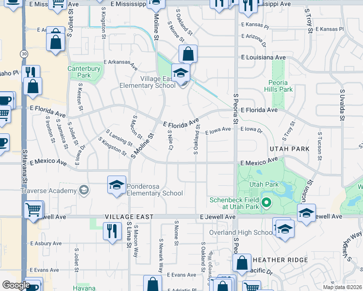 map of restaurants, bars, coffee shops, grocery stores, and more near 1637 South Oakland Court in Aurora