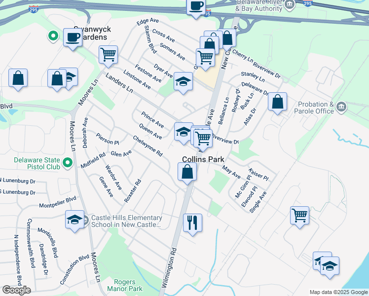 map of restaurants, bars, coffee shops, grocery stores, and more near 10 Landers Lane in New Castle