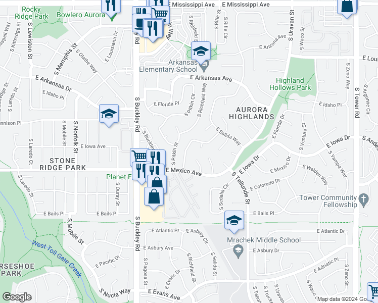 map of restaurants, bars, coffee shops, grocery stores, and more near 1684 S Quintero Way in Aurora