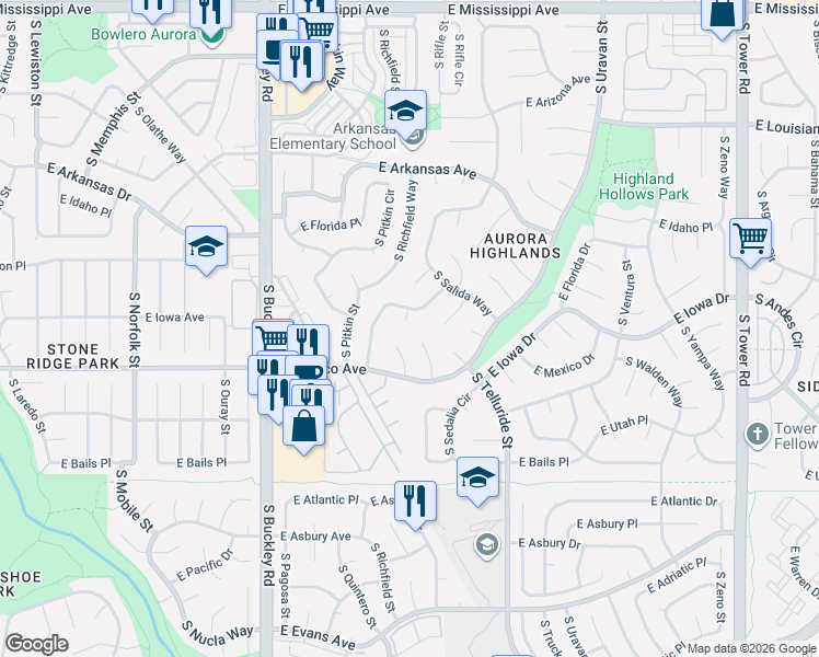 map of restaurants, bars, coffee shops, grocery stores, and more near 1656 South Quintero Way in Aurora