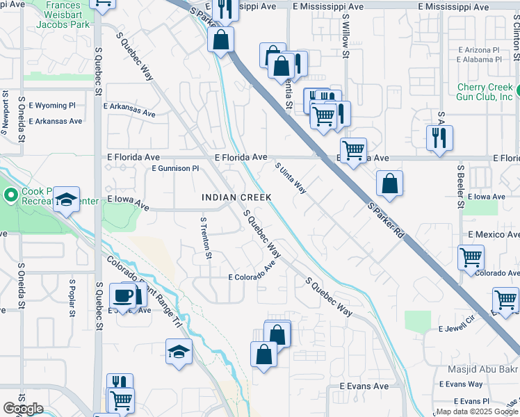 map of restaurants, bars, coffee shops, grocery stores, and more near 1640 South Quebec Way in Denver