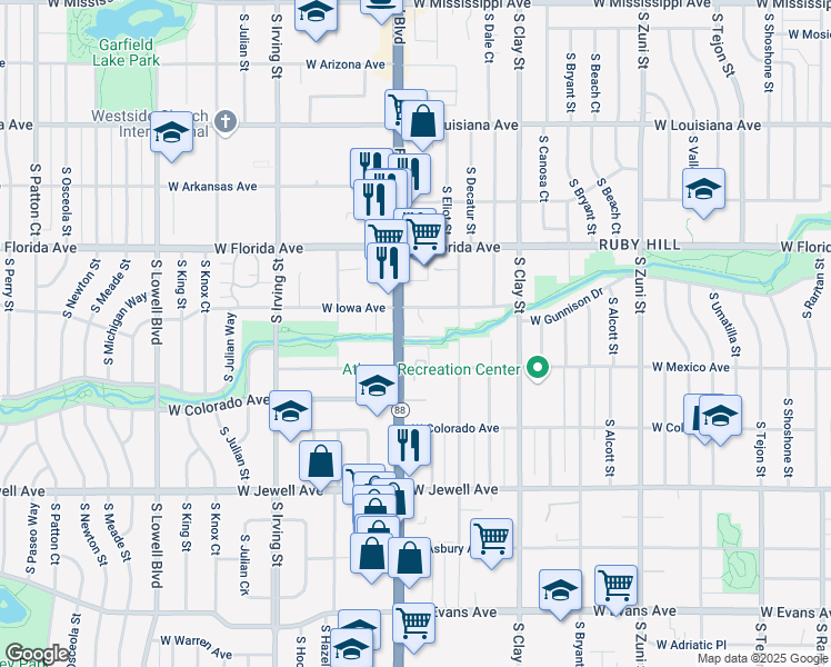map of restaurants, bars, coffee shops, grocery stores, and more near 1640 South Federal Boulevard in Denver