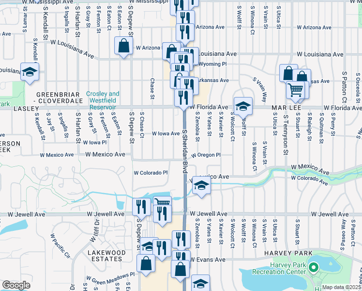 map of restaurants, bars, coffee shops, grocery stores, and more near 1632 South Ames Street in Lakewood