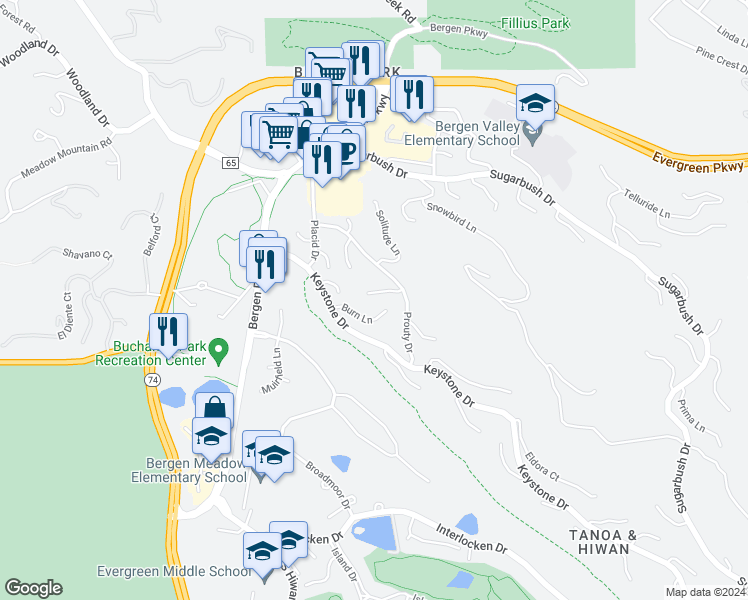 map of restaurants, bars, coffee shops, grocery stores, and more near 31352 Loges Lane in Evergreen