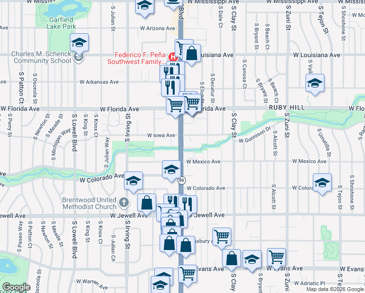 map of restaurants, bars, coffee shops, grocery stores, and more near Sanderson Gulch Trail in Denver