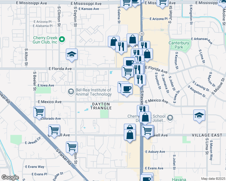 map of restaurants, bars, coffee shops, grocery stores, and more near 1610 South Fulton Way in Denver