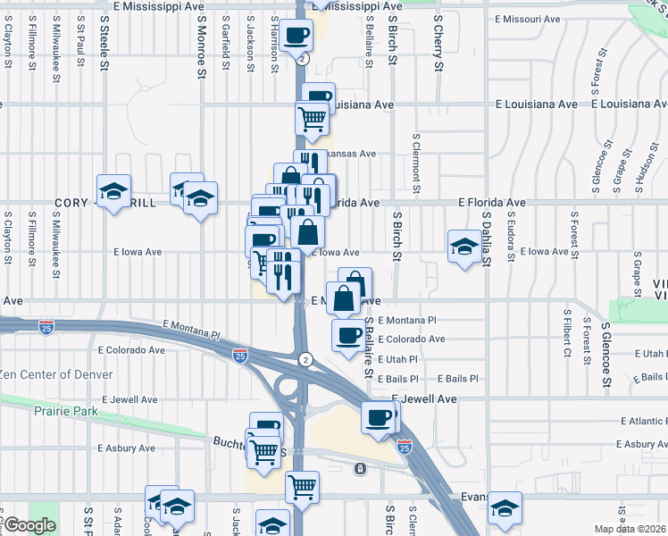 map of restaurants, bars, coffee shops, grocery stores, and more near 1640 South Albion Street in Denver