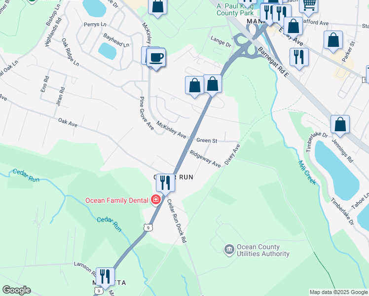 map of restaurants, bars, coffee shops, grocery stores, and more near 386 South Main Street in Stafford Township