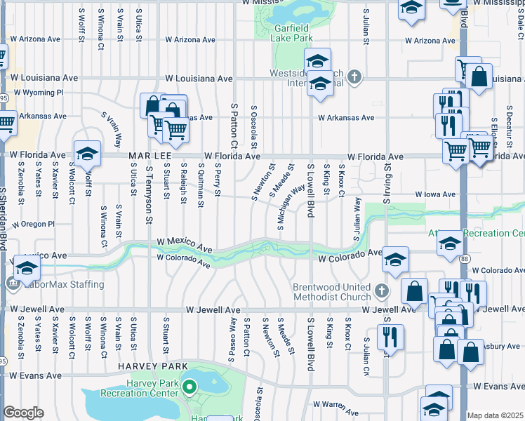 map of restaurants, bars, coffee shops, grocery stores, and more near 1623 South Meade Street in Denver