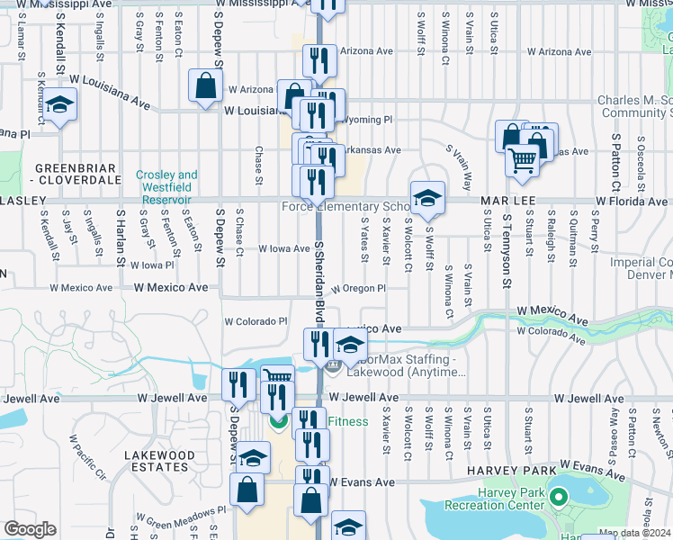 map of restaurants, bars, coffee shops, grocery stores, and more near 1635 South Zenobia Street in Denver