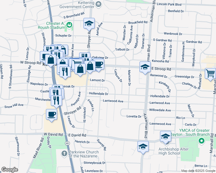 map of restaurants, bars, coffee shops, grocery stores, and more near 631 Mossoak Drive in Dayton