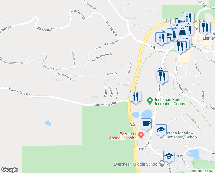 map of restaurants, bars, coffee shops, grocery stores, and more near 32500 El Diente Court in Evergreen
