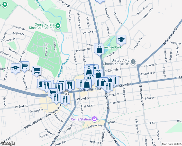 map of restaurants, bars, coffee shops, grocery stores, and more near 150 West Church Street in Xenia