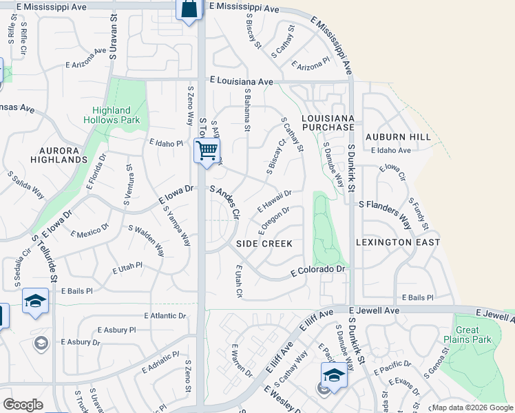 map of restaurants, bars, coffee shops, grocery stores, and more near 18839 East Hawaii Drive in Aurora