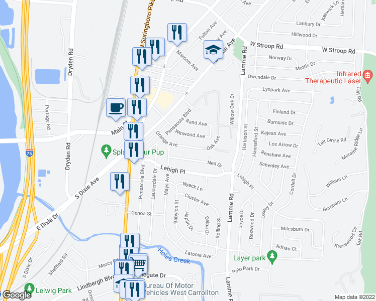 map of restaurants, bars, coffee shops, grocery stores, and more near 2426 Orange Avenue in Moraine