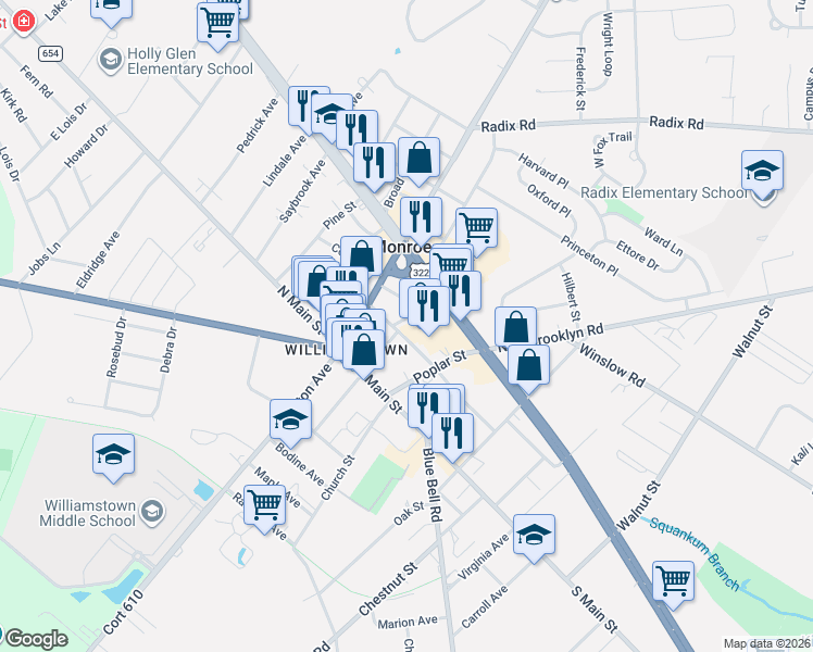 map of restaurants, bars, coffee shops, grocery stores, and more near 144 Clinton Avenue in Monroe