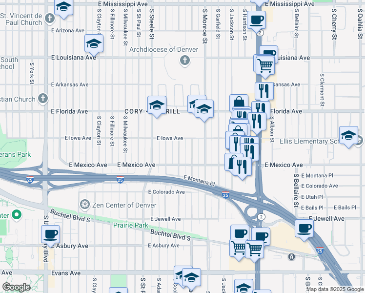 map of restaurants, bars, coffee shops, grocery stores, and more near 1620 South Cook Street in Denver
