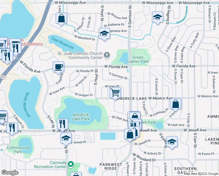 map of restaurants, bars, coffee shops, grocery stores, and more near 1614 S Holland St in Lakewood